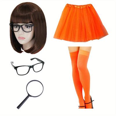 TEMU 5pcs Men's Halloween Costume Accessory Set - Polyester Material, Includes Wig, Glasses, Magnifying Glass, Socks, Skirt