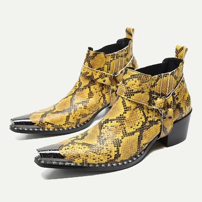 Men's Yellow Snakeskin Leather Motorcycle Boots–Western Style Pointed Toe Ankle Boots with Gold Tip Buckle Straps for Bold Fashion Statements