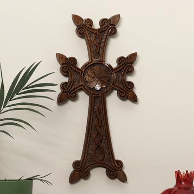 'Dark Brown Floral Beech Wood Cross Hand-Carved in Armenia'