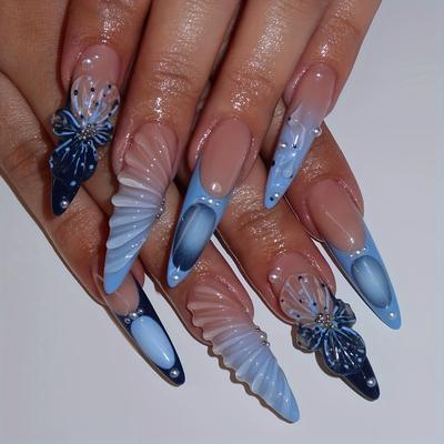 TEMU 24pcs Press-on Wearable Nails, Almond Tip Nails With Ocean Blue Three-dimensional Flowers And Contrasting Water Screw Patterns, Make More , Suitable For All Women With Nail Rubbing Jelly Glue