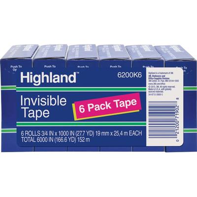 3M 6200341000 Highland Invisible Tape, 1 Core, 3/4 x1000 , 6/PK, Clear - Pack of 6