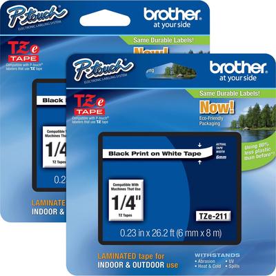 Brother TZE211BD Tape Cartridge, Laminated, f/P-Touch 8m, 1/4", 2/BD, Black/WE - Pack of 2