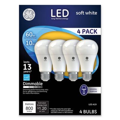 GE 67615 LED Soft White A19 Dimmable Light Bulb, 10 W, 4/Pack - Pack of 4