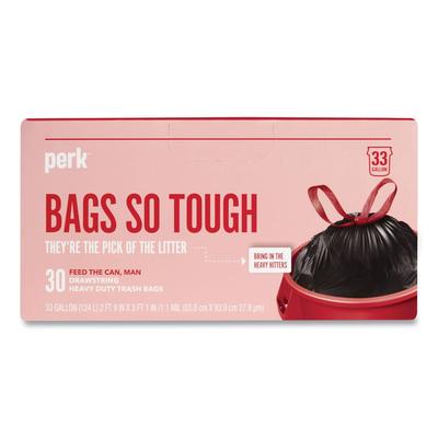 Perk™ 24377879 Drawstring Heavy-Duty Trash Bags, 33 gal, 1.1 mil, 37" x 33", Black, 30/Box - Box of 30 PRK24377879