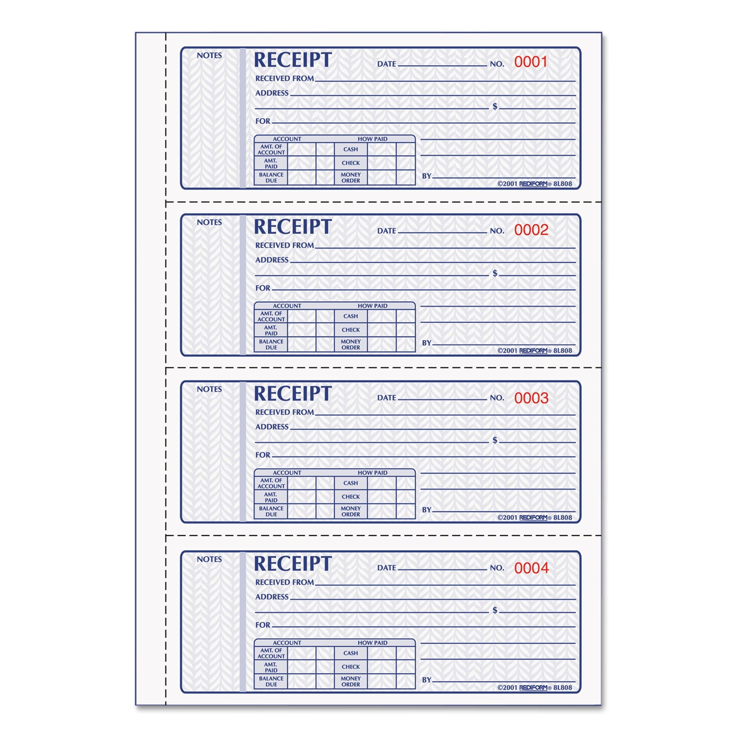 Rediform 8L808 Money Receipt Book, Softcover, Three-Part Carbonless, 7 x 2.75, 4 Forms/Sheet, 100 Forms Total RED8L808