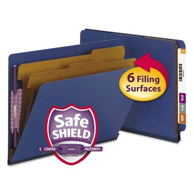 Smead 26784 End Tab Pressboard Classification Folders with SafeSHIELD Fasteners, 2 Dividers, Letter Size, Dark Blue, 10/Box - Box of 10