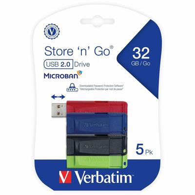 Verbatim 70897 32GB Store 'n' Go USB Flash Drive - 5pk - Assorted - 32 GB - USB - Assorted - Lifetime Warranty - 5 Pack - Pack of 5