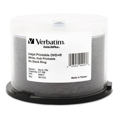Verbatim 94917 Inkjet Printable DVD+R Discs, 4.7GB, 16x, Spindle, White, 50/Pack - Pack of 50