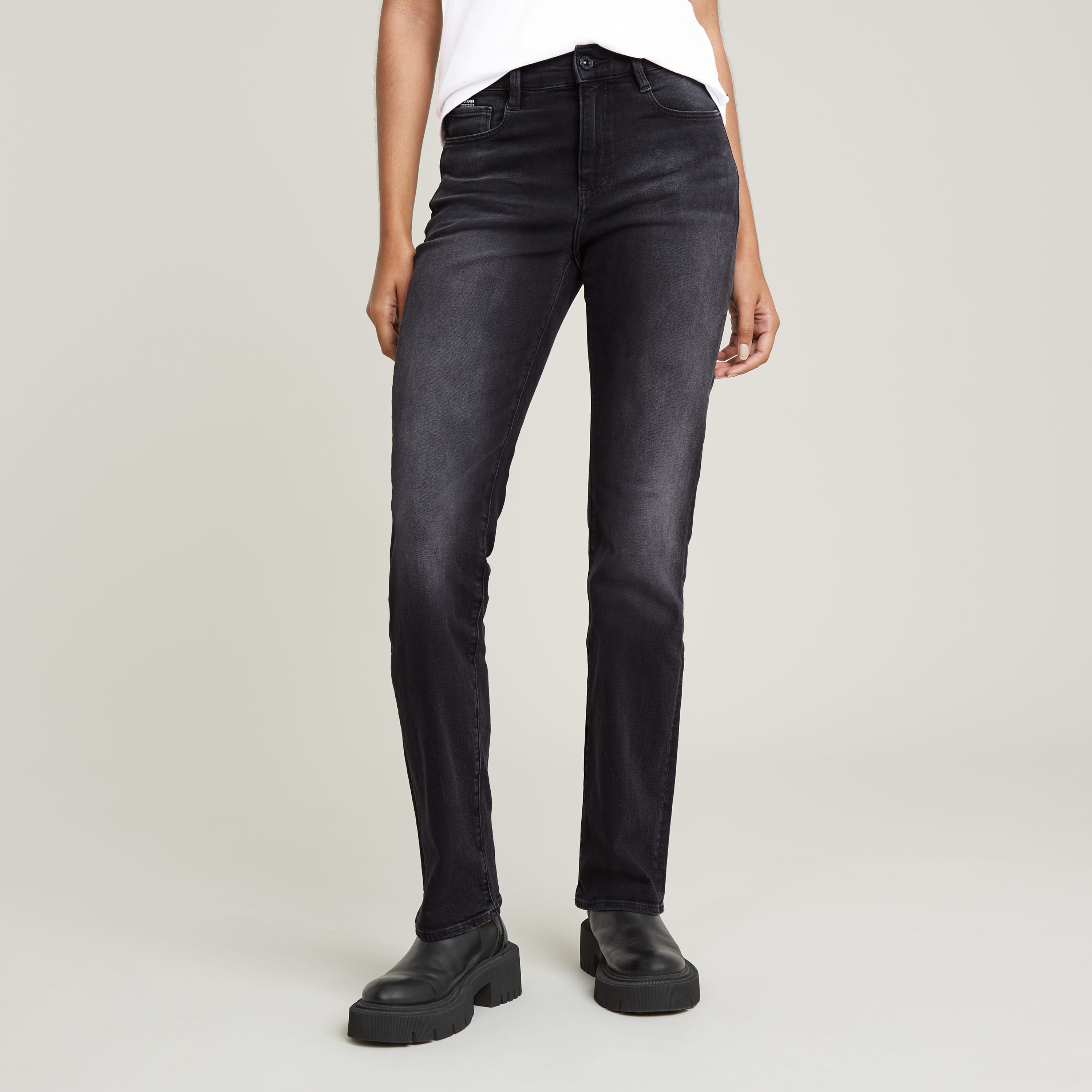 Straight-Jeans G-STAR "Strace Straight Wmn", Damen, Gr. 27, Länge 32, schwarz (worn in schwarz moon), Denim/Jeans, Obermaterial: 99% Baumwolle, 1% Elasthan, straight fit normal, Jeans Image