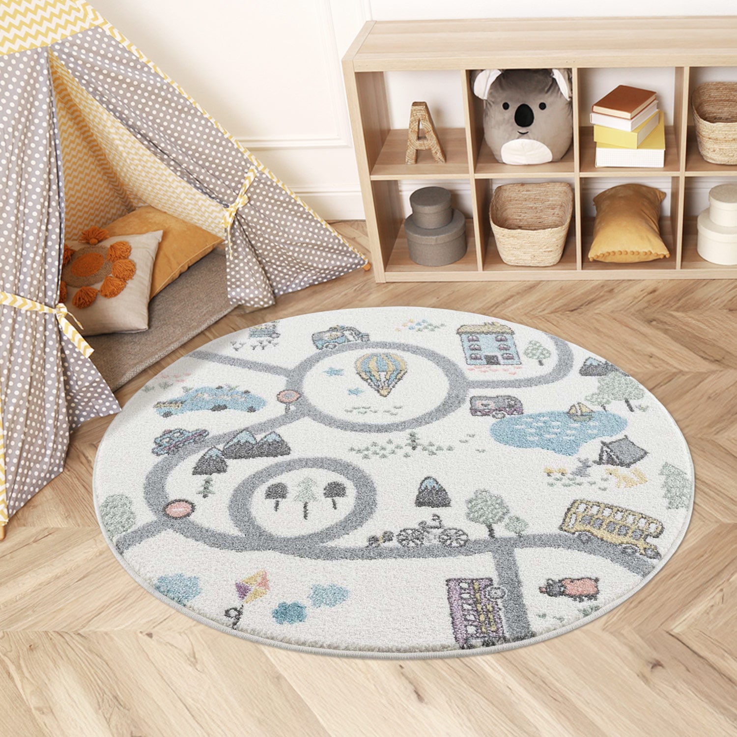 Kinderteppich CARPET CITY "Anime9376", beige (creme), H:11mm Ø:120cm, Polypropylen (PP), Teppiche, Spielteppich, Straßen-Spiel-Teppich, Auto, Weicher Flor, Pflegeleicht, Kinderzimmer