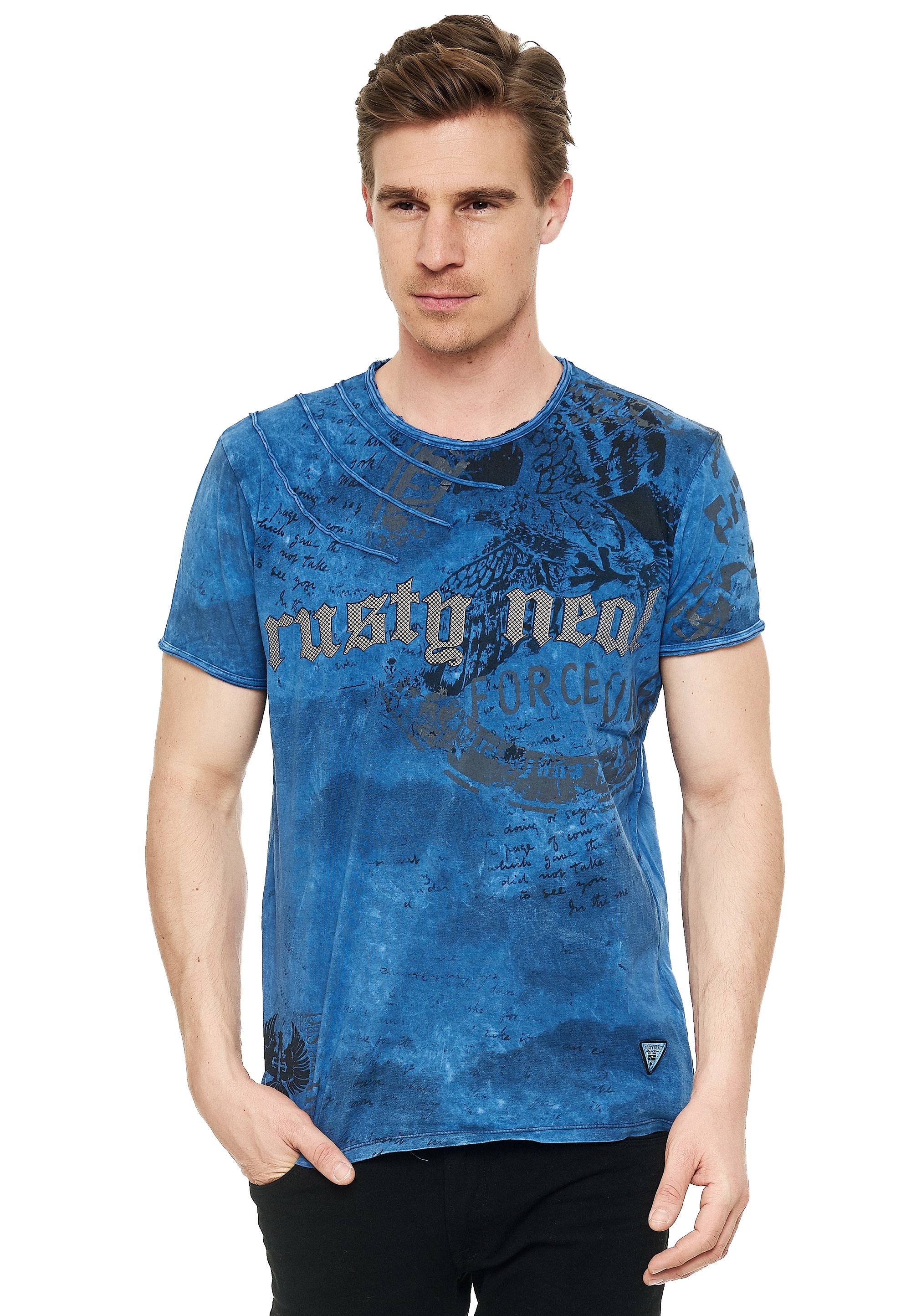 T-Shirt RUSTY NEAL, Herren, Gr. XXL, blau, 100% Baumwolle, bedruckt, normal, Rundhals, Shirts, mit eindrucksvollem Print Image