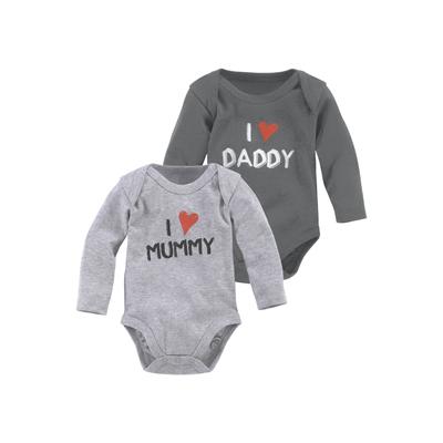 Langarmbody KIDSWORLD "2er Pack Baby-Bodies, Mummy & Daddy", Baby, Gr. 50/56, N-Gr, grau (anthrazit, grau), Jersey, Obermaterial: 100% Baumwolle. Obermaterial Melange: 95% Baumwolle, 5% Viskose, bedruckt, Basic, Basic, amerikanischer Ausschnitt,... Image
