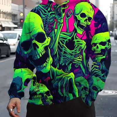 TEMU Men's Fashion Hoodie With Printed Skeleton Design, Casual Polyester Hoodie With Drawstring, Knit Fabric, Elastic, And Pocket Details - Loose Fit