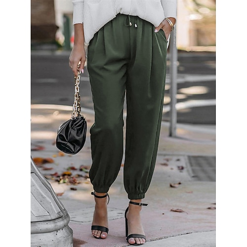 Damen Chinos Mode Streetwear Volle Länge Hohe Taille Einfach Tasche Elastischer Bund Bequem Weich Mikroelastisch Outdoor Straße Armee-Grün Wein Schwarz Weiß Frühling Herbst Normale Passform Image