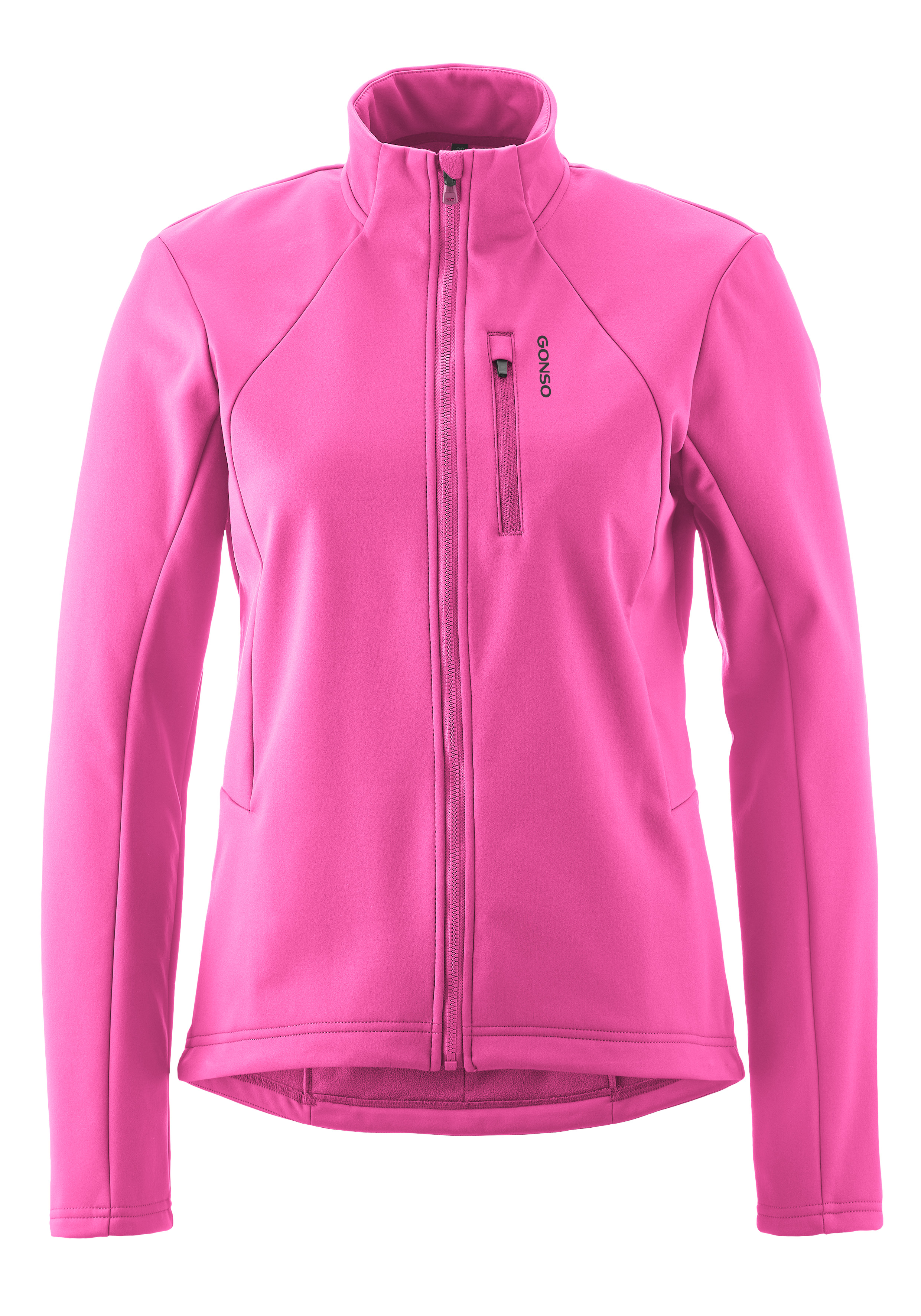 Fahrradjacke GONSO "ADVENTURE JACKET SOFTSHELL W", Damen, Gr. 48, pink (neonpink), 100% Polyester, Rundhals, Jacken, Damen Radjacke, atmungsaktiv, Slim Fit Image