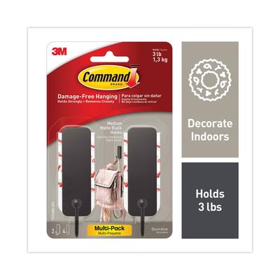 Command Decorative Hooks, Medium, Matte Black, 2 Hook and 4 Strips/Pack (MMM17034MB2ES)