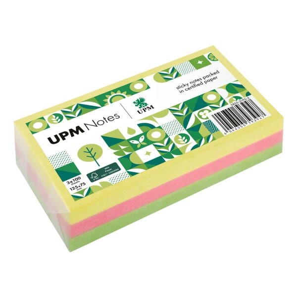 UPM 3x 100 Blatt Haftnotizen »5855-21PG-3« pergaminverpackt - Brillantmix 12,5 x 7,5 gelb Image