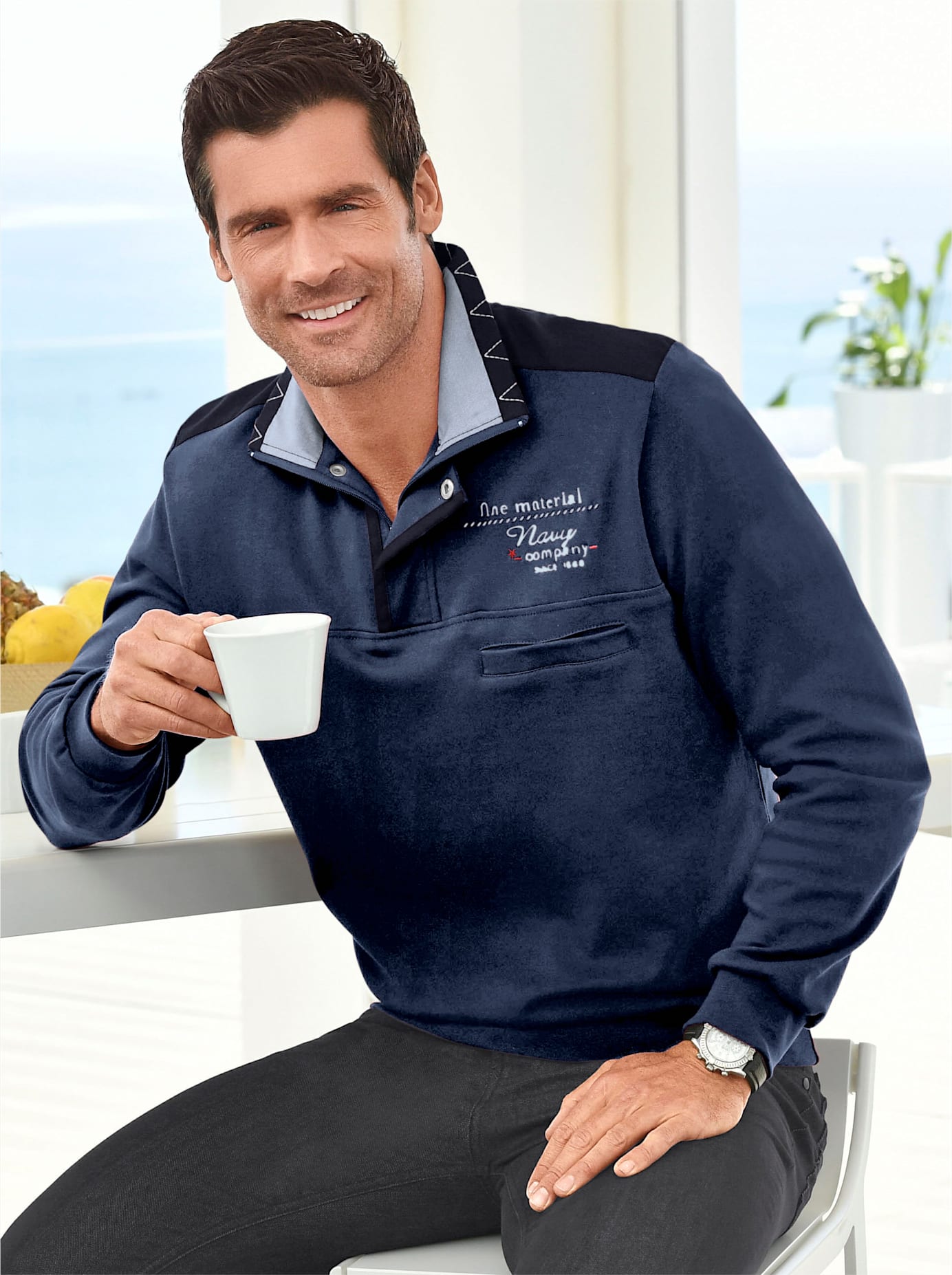 Poloshirt MARCO DONATI "Langarm-Shirt", Herren, Gr. 64/66, blau (jeansblau), 100% Baumwolle, unifarben, ohne Ausschnitt, Shirts Image