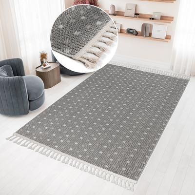 Teppich BRUNO BANANI "Dotty" Gr. 4, beige (creme, grau), B:160cm H:6mm L:230cm, Kunstfaser, Teppiche, Woll-Optik, Hoch-Tief Struktur, In- und Outdoor geeignet, mit Fransen Image