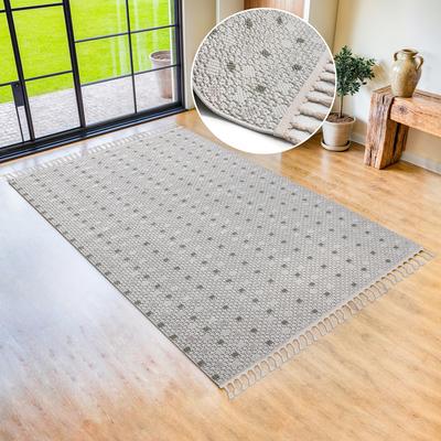 Teppich BRUNO BANANI "Dotty" Gr. 6, grün (creme, grün), B:200cm H:6mm L:290cm, Kunstfaser, Teppiche, Woll-Optik, Hoch-Tief Struktur, In- und Outdoor geeignet, mit Fransen Image