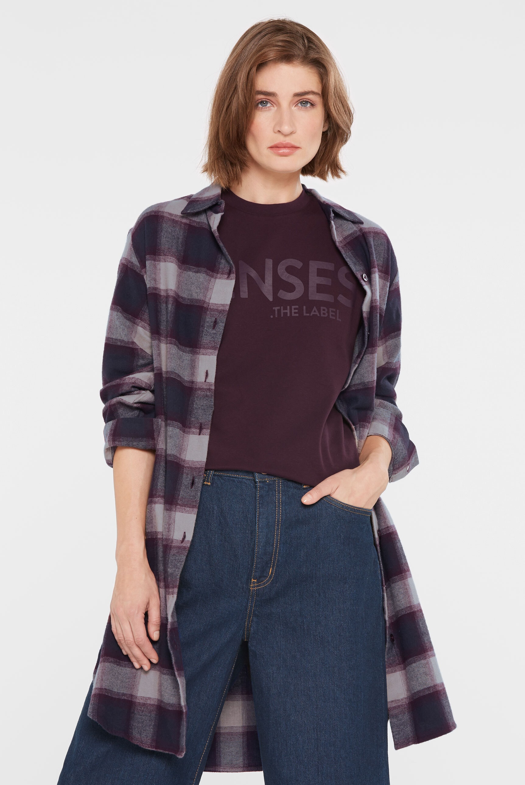 Karokleid SENSES.THE LABEL, Damen, Gr. XS, US-Größen, lila (deep plum), Material: 100% Baumwolle, kariert, Midi, hoch geschlossener Ausschnitt, Ärmel mit Ärmelschlitz 1-Knopf-Manschette, Kleider, aus Baumwolle