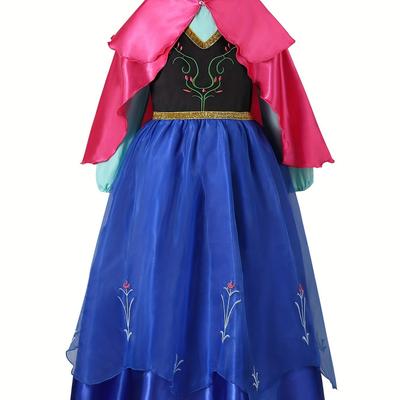 TEMU Girls Stunning Cartoon Princess Dress Up Outfit, Long Sleeve Flowers Stitched Color Contrast Mesh Tutu Dress & Cape & Gloves & Accessories For Stage Performance As Gifts