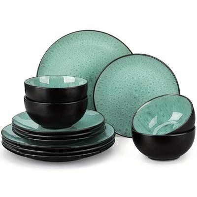 TEMU 12pcs Elegant Dinnerware Set For 4 - Kiln Change Stoneware, Green & Black, Includes Plates & Bowls, Microwave & Dishwasher Safe, Ideal For Image