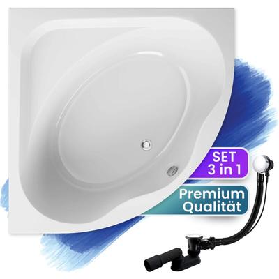 Badewanne Eckbadewanne 150x150, Ablaufgarnitur & Füßen GRATIS - Komplettset 3in1 Original Acryl