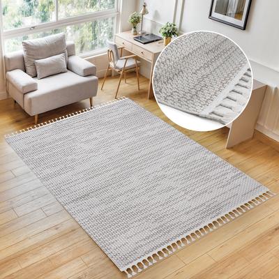 Teppich MY HOME "Mads" Gr. 3, beige (creme, hellbraun), B:120cm H:6mm L:180cm, Kunstfaser, Teppiche, Boho, Woll-Look, Hoch-Tief-Struktur, In- und Outdoor geeignet, Fransen Image