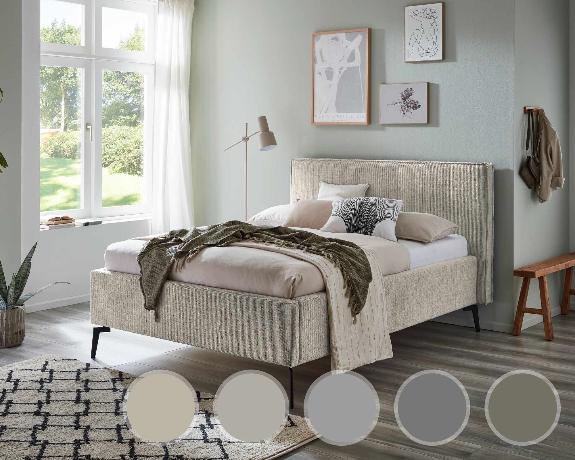 meise.möbel »Riva« Polsterbett mit Bettkasten 140x200 cm / greige / Holzfüße eichefarben / mit Bettkasten und Federholzrahmen