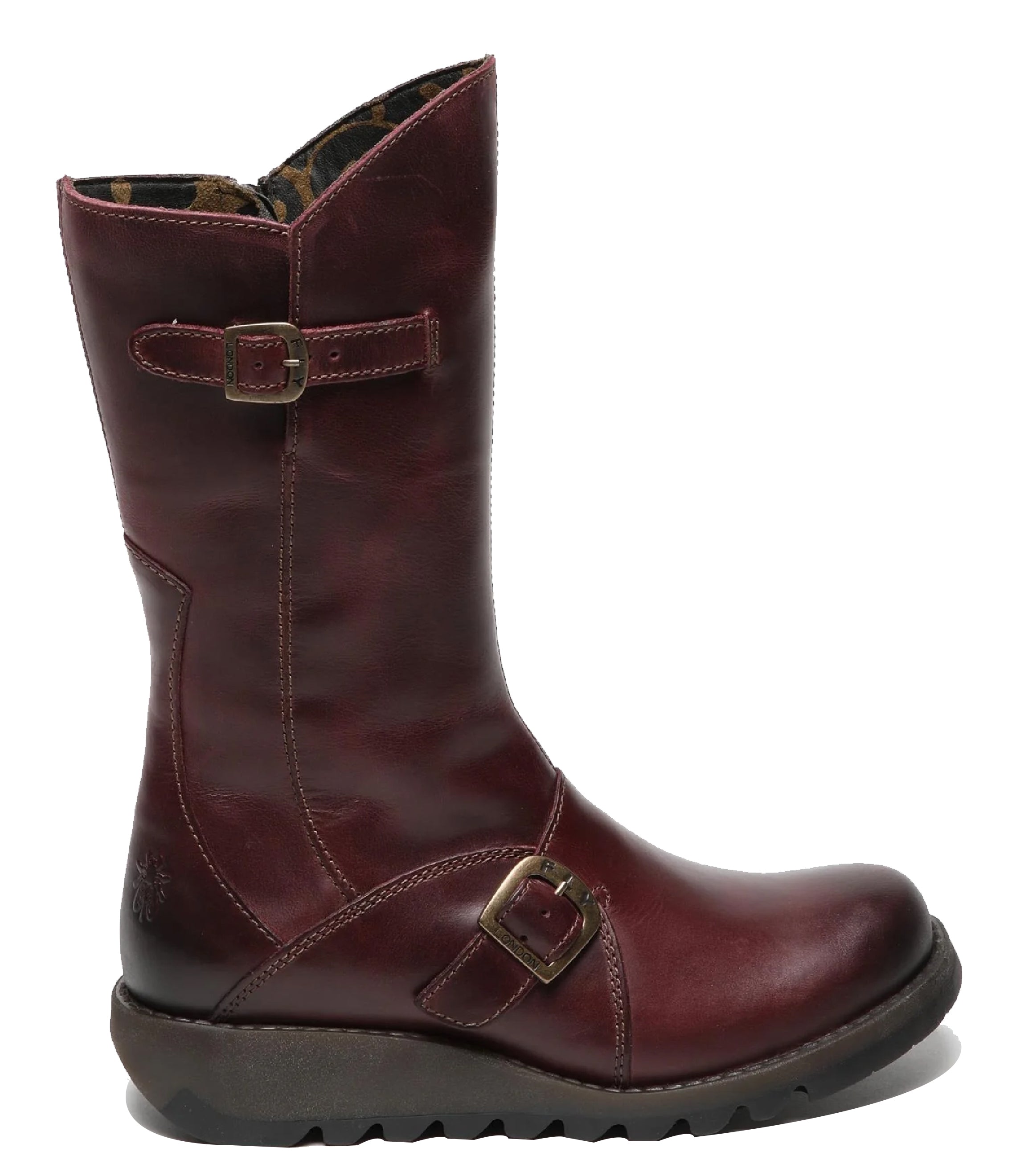 Fly London Damen MES 2 Plateaustiefel mit Keilabsatz, Schnalle, halbhoher Schaft, Leder, Reißverschluss, Weinrot Image