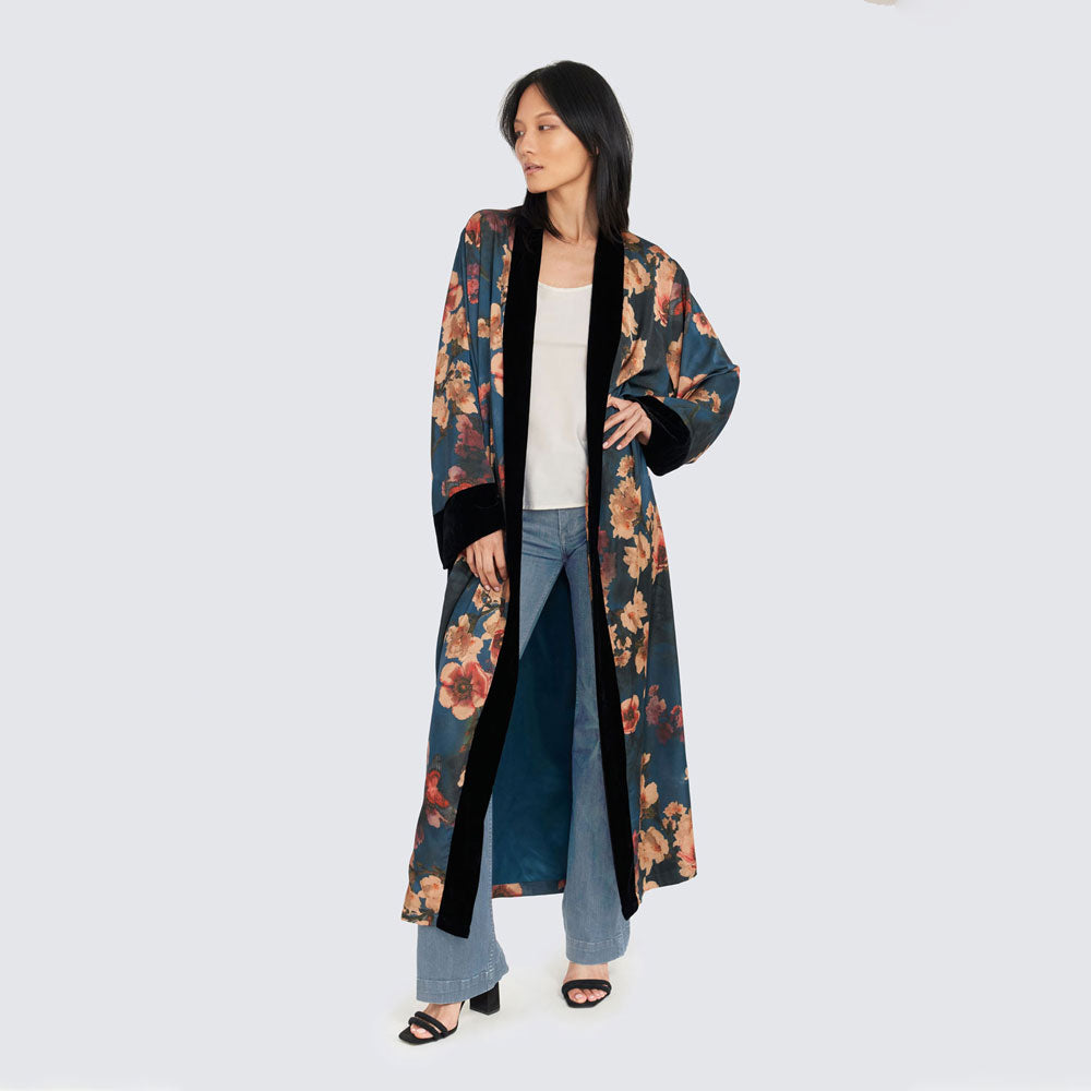 KIM+ONO Kimono Robe | Azumi Long Kimono Wrap | Polyester Charmeuse | Navy | Long
