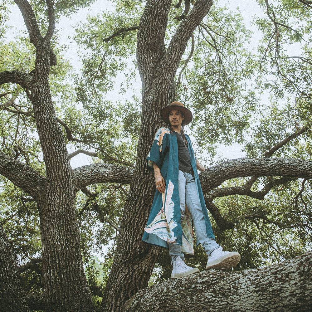 KIM+ONO Kimono Robe | Peacock Feather Long Kimono Robe | Polyester Charmeuse | Teal | Long