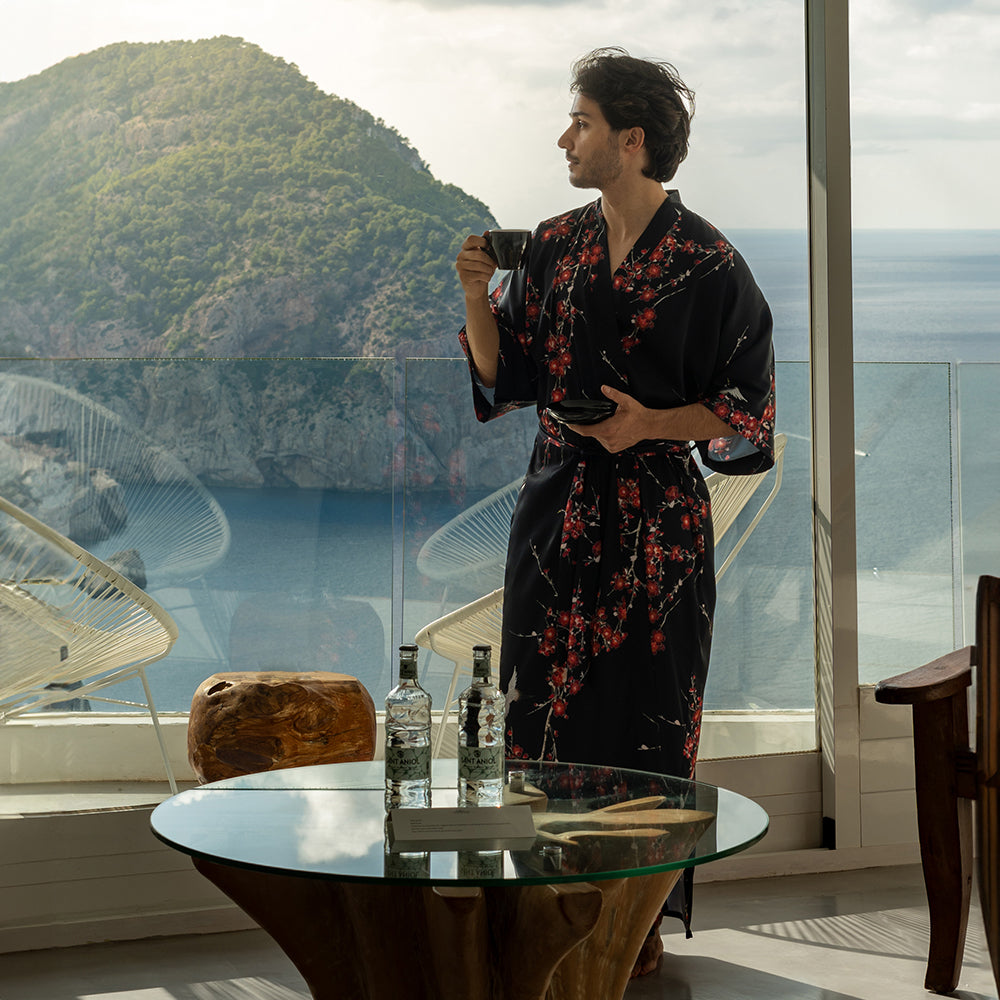 KIM+ONO Kimono Robe | Cherry Blossom & Crane Long Kimono Robe | Polyester Charmeuse | Black | Long