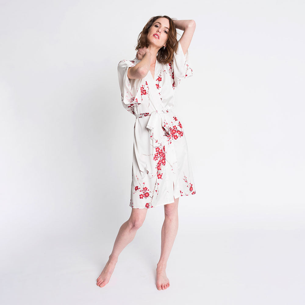 KIM+ONO Kimono Robe | Cherry Blossom & Crane Short Kimono Robe | Polyester Charmeuse | White | Short