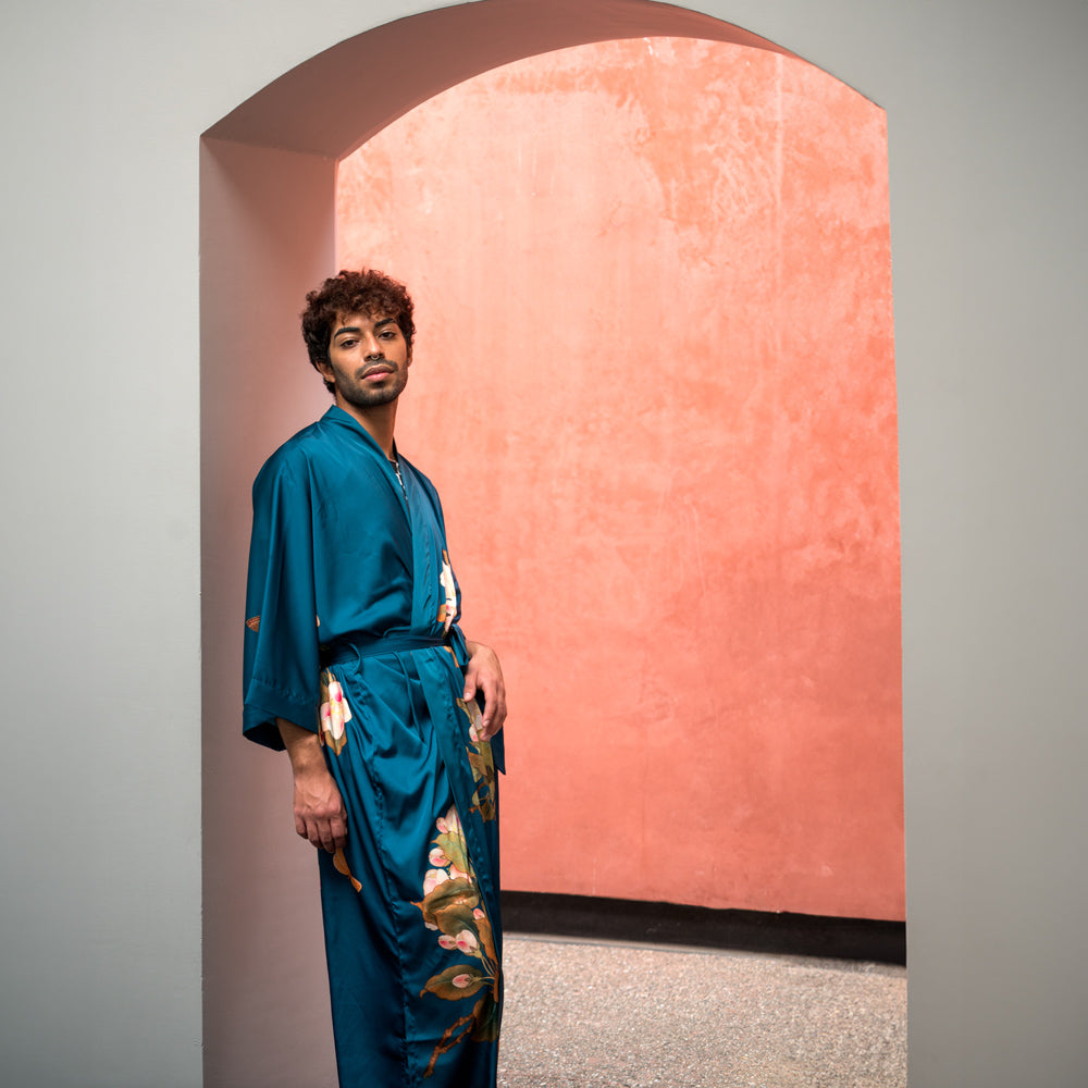 KIM+ONO Kimono Robe | Peony & Butterfly Long Kimono Robe | Polyester Charmeuse | Vintage Teal | Long