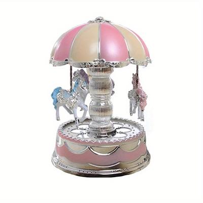 TEMU Luxury Carousel Music Box - Totatable 3-horse Carousel With Led Light And For Home Decor, Wedding, And Christmas Decoration, Pink