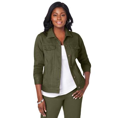 Plus Size Women's Classic Cotton Denim Jacket by Jessica London in Dark Olive Green (Size 26) 100% Cotton Jean Jacket