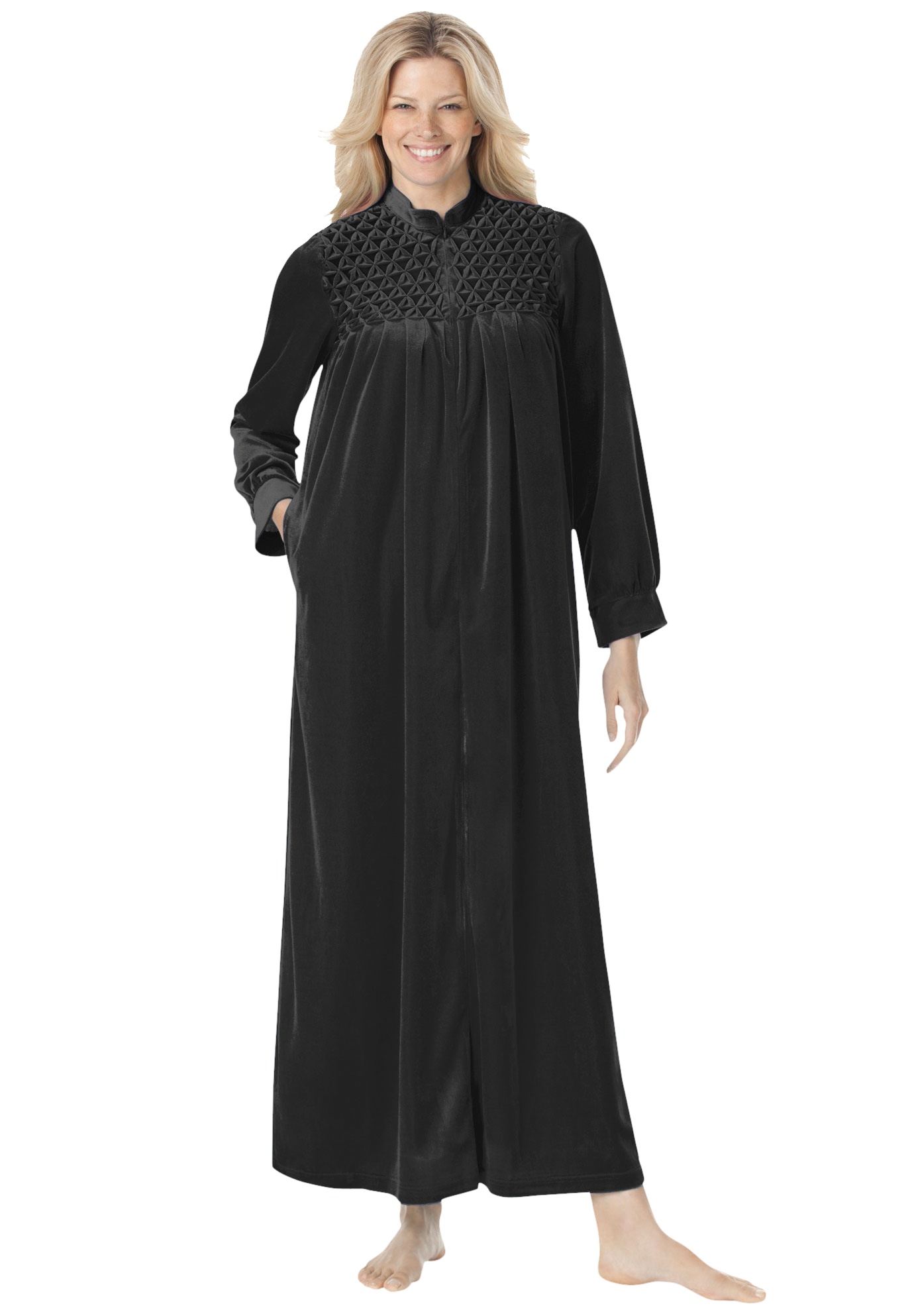 Plus Size Women's Smocked Velour Long Robe by Only Necessities in Black (Size M)