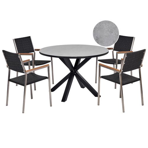 Gartenmöbel-Set, grau/schwarz Aluminium, Edelstahl, Keramik, Glas, Tischplatte mit Marmoreffekt, PE-Rattanstühle 4 Sitzer, Outdoor-Möbel, modern