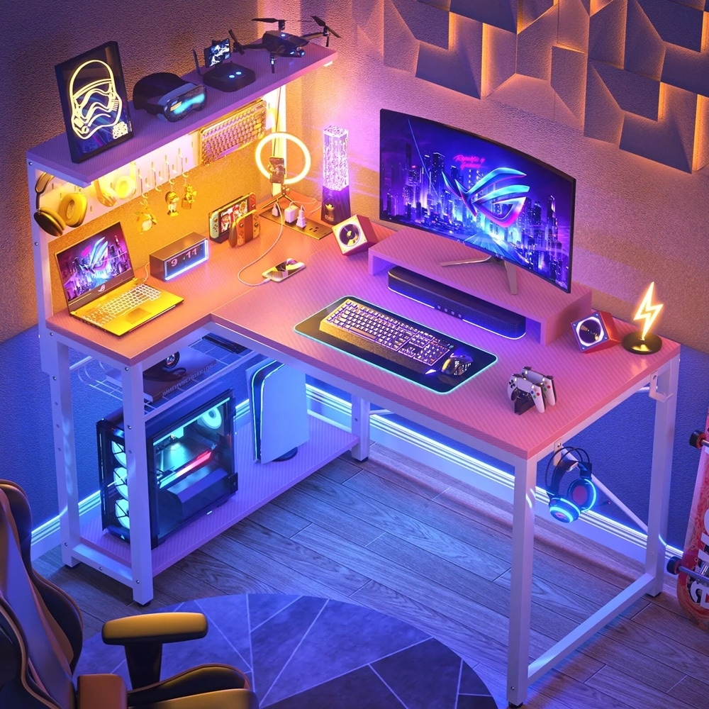 43" Carbon Fibre Computer Desk Power Outlets & RGB Light Gamer Pink