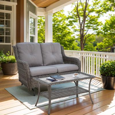 Outdoor Patio Loveseat with Table Grey Wicker - Grey cushion
