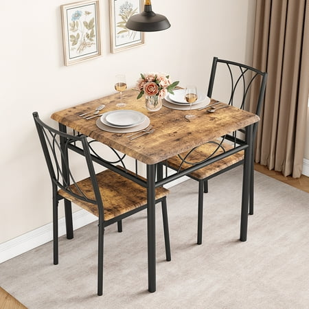 Homhougo Dining Table Set for 2 Kitchen Table and Chairs Square Dining Room Table Set with 2 Metal and Wood Chairs 3 Piece Dining Table Set for Small Spaces Apartment Brown