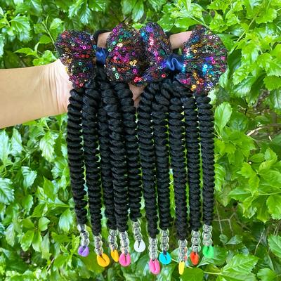 TEMU A Set Of 2 8-inch Ponytail Wigs For African Girls, Featuring Handmade Braids With Transparent Beads, Shell Beads, Lip-shaped Beads, And Sequined Bows. Image