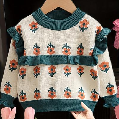 TEMU Girls Ruffled Flowers Jacquard Knit Pullover Sweater Warm Tops For Teens Kids, Fall/ Winter Clothing