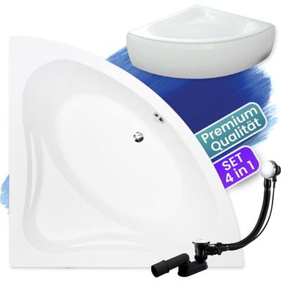 Badewanne Eckbadewanne 120x120 mit AcrylSchürze, Ablaufgarnitur & Füßen gratis - Komplettset 4in1