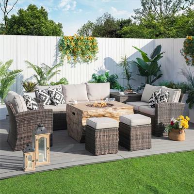 7-Piece Patio Wicker Sofa Set with Fire Pit and Storage Box