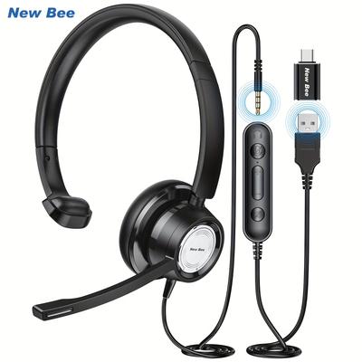 TEMU New Bee Usb For Pc Computer , Ear Cancelling , 3.5mm/usb/-c For Skype Tablet Laptop