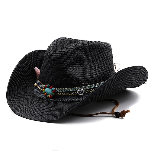 Per uomo Cappello di paglia Cappello da sole Cappello da cowboy Cappello Fedora Trilby Nero Bianco Corda di paglia Stile vintage Di tendenza 18esimo secolo Stato del Texas Giornaliero Festa a tema