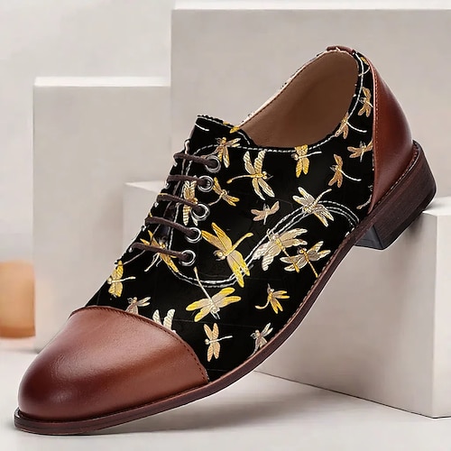 scarpe oxford vintage stringate da uomo - nere con tessuto jacquard a forma di libellula, punta e tallone in similpelle marrone, ideali per stili casual e retrò